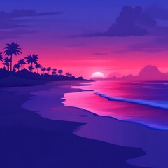 Obraz premium Tropical Beach Sunset Silhouette Palm Trees Ocean