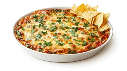 Baked spinach and cheese dip with tortilla chips garnish.
