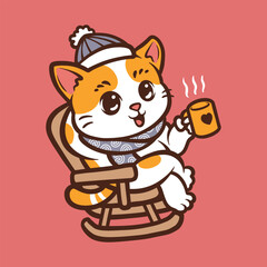 cute cat drink a cup of  hot chocolate in winter and new year cartoon vector icon illustration isolated