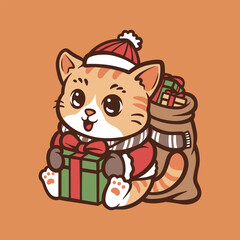 cute cat open the gift in winter and new year cartoon vector icon illustration isolated