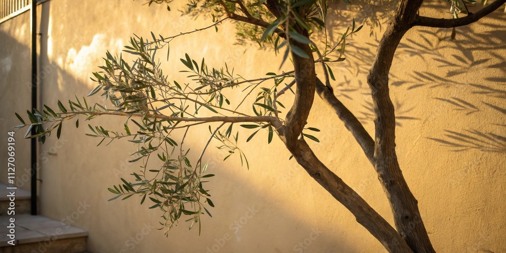 Poster A tree branch casts intricate shadows on a warm yellow wall, a play of light and shade creating a captivating pattern.