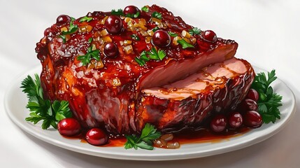 Glazed holiday ham with cranberry garnish and fresh parsley.