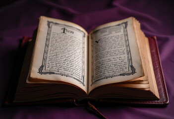 Obraz premium An antique book lies open displaying elegant calligraphy and ornate page borders.