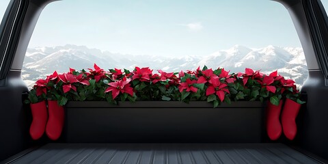 Car trunk christmas decorations concept. A festive scene featuring vibrant red poinsettias and Christmas stockings, set against a snowy mountain backdrop.