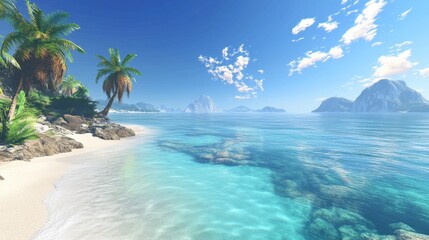 Tranquil beach scene with vibrant blue water and sky, an inviting setting for vacation and travel themes.