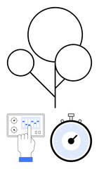 Three circular plants a hand adjusting a control panel a stopwatch. Ideal for agriculture, automation, technology, growth management, precision farming, efficiency, productivity. Line metaphor