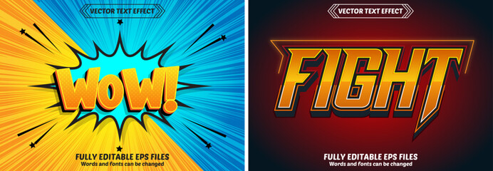 Bundle of 3d Wow Fight editable text effect design vectors. Set of editable text effect designs. Modern editable text effect vector design. Editable text style effects - Wow Fight text style theme.