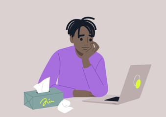 In a comfortable and warm environment, a person reflects on their feelings during an online psychotherapy session, with tissues close by for tears and a laptop open for connection
