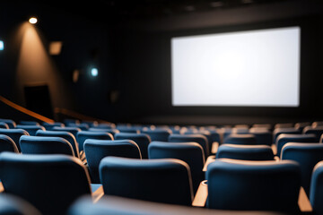 Obraz premium Empty movie theater with blue seats and large screen. atmosphere is calm and inviting, perfect for cinematic experience