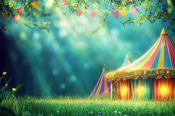 A colorful circus tent surrounded by lush greenery and festive decorations.