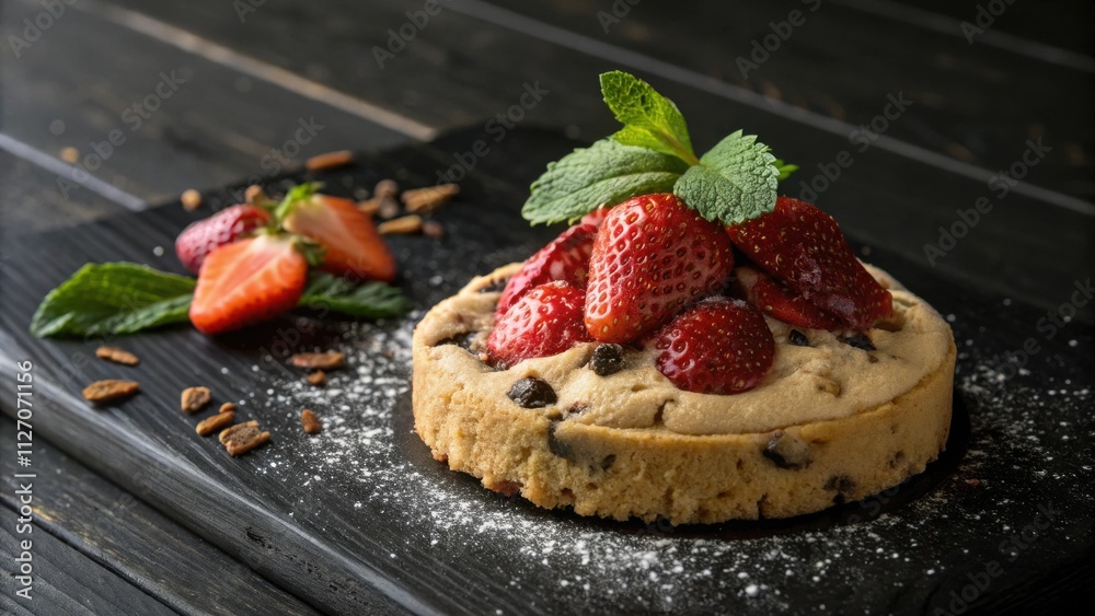 Poster a freshly baked cake topped with a generous amount of plump strawberries and a sprig of fresh mint, 