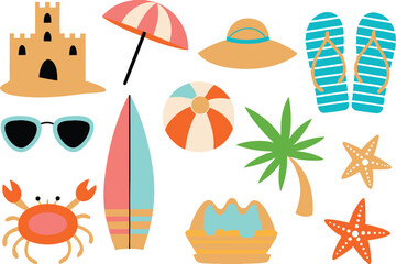 Summer Beach Vacation Icons Sandcastle, Sun, Surf, and Fun