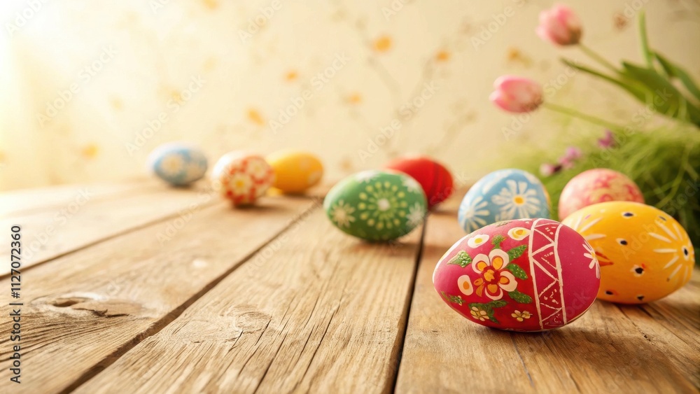 Poster hand-painted easter eggs with floral patterns rest on a rustic wooden surface, bathed in soft, warm 