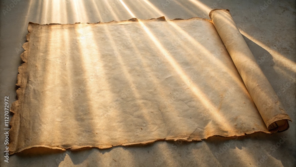 Poster a partially unrolled antique parchment scroll illuminated by warm rays of light, its surface reveali