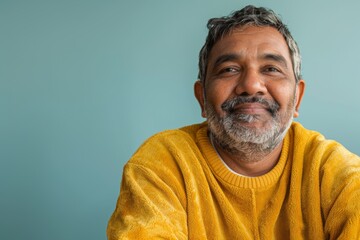 Fototapeta premium Portrait of a blissful indian man in his 40s dressed in a comfy fleece pullover while standing against soft blue background