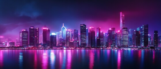 Fototapeta premium Background of cyberpunk city buildings illuminated neon lights Glowing pink and purple neon signs, wallpaper AI generated image