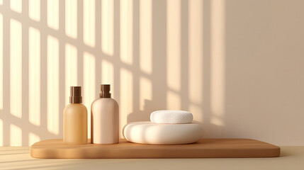 The perfect anti-aging routine with skincare therapies cosmetic treatments collagen rejuvenation and exercise to enhance you. Minimalist spa products on wooden tray