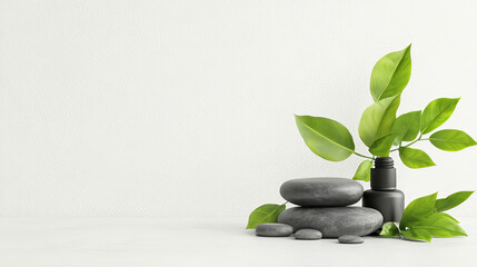 The perfect anti-aging routine with skincare therapies cosmetic treatments collagen rejuvenation and exercise to enhance you. Zen stones with leaves and essential oil bottle