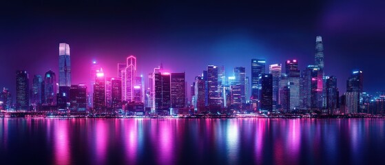 Fototapeta premium Background of cyberpunk city buildings illuminated neon lights Glowing pink and purple neon signs, wallpaper AI generated image