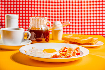 Fried egg with roasted bacon, black coffee, toasts on yellow background. Retro American breakfast. Hard shadow.