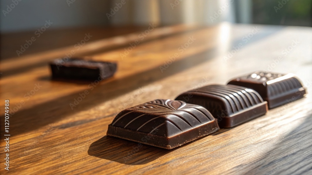 Poster dark chocolate squares arranged in a row on a wooden surface, basking in warm sunlight
