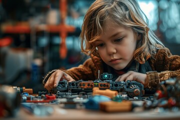 A child focused on assembling colorful building blocks in a playful environment.