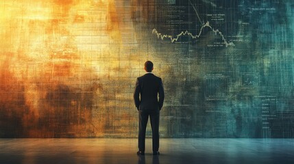 Fototapeta premium Businessman Analyzing Market Trends with Wall of Data and Stock Graphs in Dynamic Color Palette