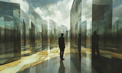 Fototapeta premium Man stands amidst tall, reflective, landscape-painted panels.
