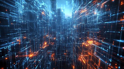Abstract digital landscape with glowing lines and structures representing technology and data.