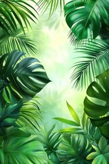 A lush green tropical foliage background with various palm leaves.