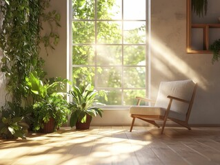 Sunlit room, plants, chair, wooden floor, window.