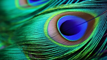 Obraz premium Majestic Peacock Feather with Vibrant Blue and Green Iridescent Hues on Soft Blurred Background