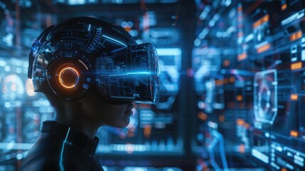 Person wearing futuristic headset interacts with digital interface