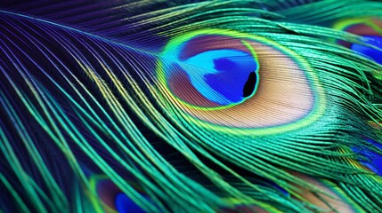 Obraz premium Exquisite Peacock Feather Close-Up with Vibrant Blue and Green Iridescence on Softly Blurred Background