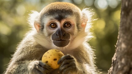 Obraz premium Curious Monkey Holding Fruit in Natural Habitat Close-Up with Detailed Fur Texture and Expressive Face