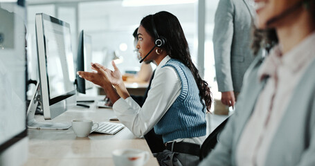 Call center, communication and speaking with woman in support office for customer service. Contact us, consulting and feedback with person talking on headset in workplace for advice or virtual help