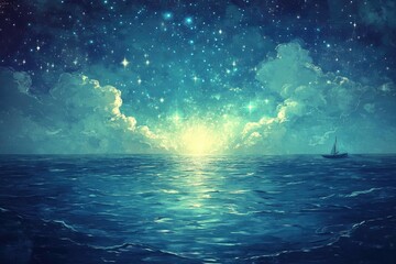 Solitary Sailboat Under a Starry Night Sky