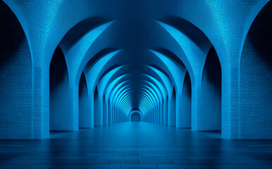 Obraz premium A blue brick tunnel with a blue light shining down on it. The tunnel is long and narrow, with a blue hue that creates a sense of depth and mystery