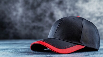 A black baseball cap with red stitching is presented against a dark, softly illuminated background, highlighting the cap's design and texture, perfect for fashion enthusiasts