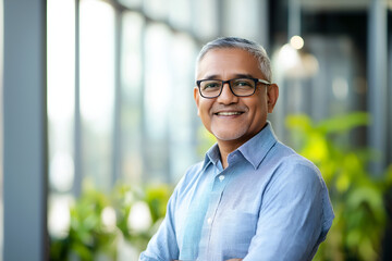 Fototapeta premium Portrait of successful Indian senior businessman consultant looking at camera and smiling inside modern office building