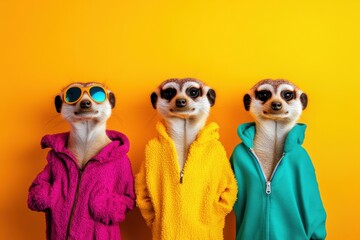 Fototapeta premium Creative Animal Concept: Meerkats In Vibrant, Fashionable Outfits, Isolated On A Solid Background. Perfect For A Birthday Party Invitation Banner.