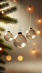 Minimalist Christmas Ornaments Hanging on Pine Branches, Elegant Glass Baubles with Warm Glowing Lights in a Cozy Holiday Setting