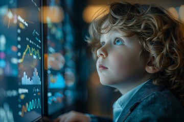 A curious child explores data visualizations on a digital screen, intrigued and focused.