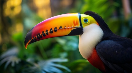 Vibrant Close-up of Colorful Toucan with Glowing Orange and Yellow Beak in Tropical Setting