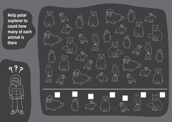 Math game for children with cute cartoon polar animals, Logical activities for kids, Count the number of animals. Vector illustration.
