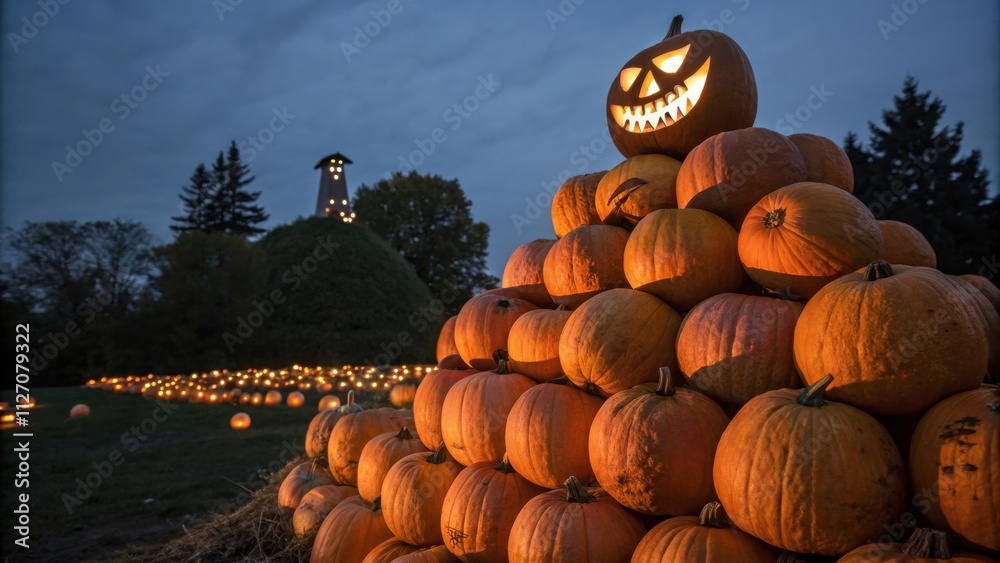 Poster a towering pyramid of pumpkins with a glowing jack-o-lantern at its peak, lit by the soft glow of du
