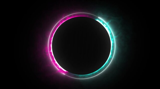 Pink cyan effect neon glowing circle frame background. repetitive motion animation and flashing. Bright neon light effect isolated on black. 4K graphic animation video