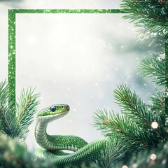 Fototapeta premium Green snake with glitter and sparkle on scales, empty white frame for text, against the background of New Year's lights, against a light background, symbol of 2025 year of the Snake, postcard