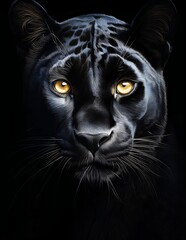 Obraz premium Close-up portrait of a black panther. The image showcases its powerful eyes and striking features against a dark background.