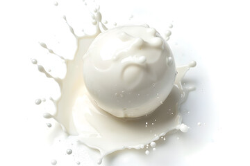 Vanilla ice cream ball scoop with milky splash with drops  isolated on white background